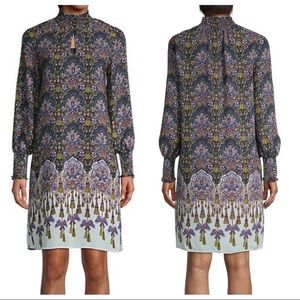 Nanette Lepore Smocked Neck & Cuff Print Dress